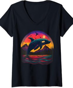 Womens Colourful mystical orca whale watching dolphin pottwhale orca whale V-Neck T-Shirt