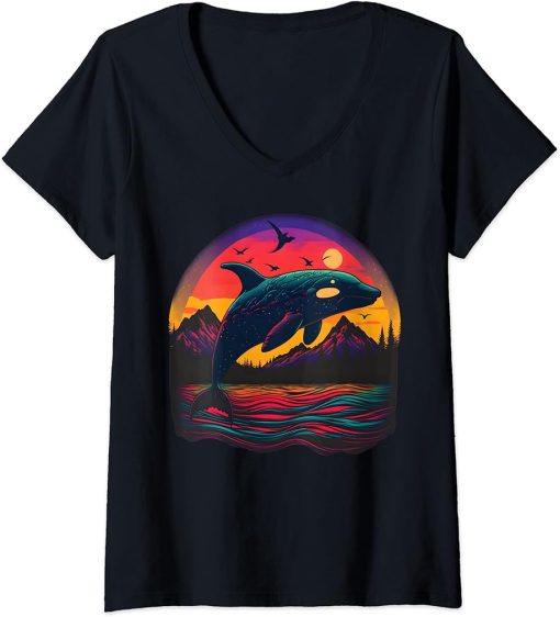 Womens Colourful mystical orca whale watching dolphin pottwhale orca whale V-Neck T-Shirt