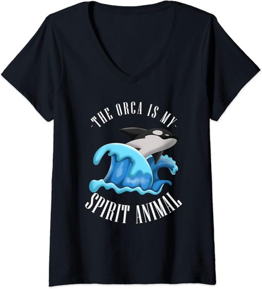 Womens The Orca Is My Spirit Animal Funny Aquarist Gift Ocean Orca V-Neck T-Shirt