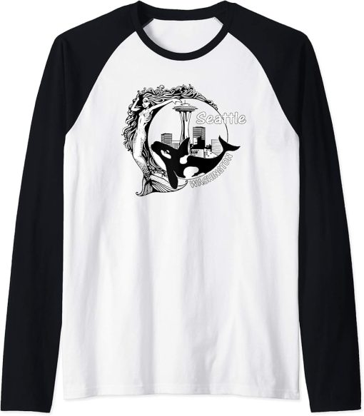 Seattle Washington Space-Needle Mermaid Orca Souvenir Raglan Baseball Tee