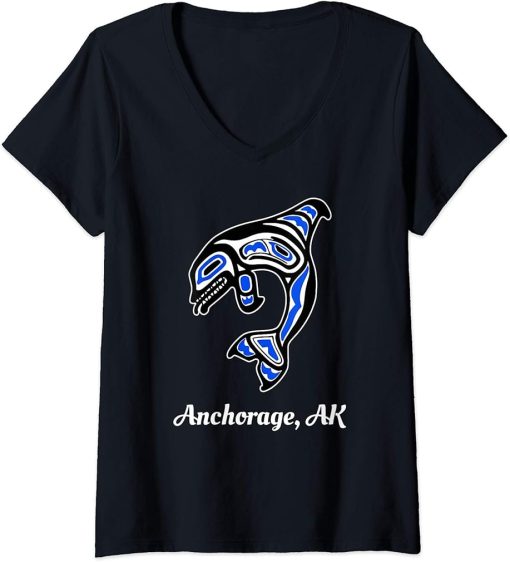 Womens Blue Native American Anchorage AK Tribal Orca Killer Whale V-Neck T-Shirt