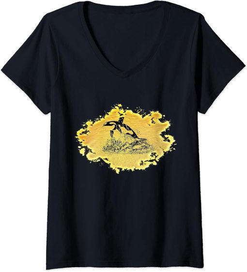 Womens Orca Motif Whale Predator Animals Design Orcas V-Neck T-Shirt